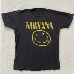 Nirvana Mens Medium T-Shirt Black Smiley Face Logo Graphic Band Tee 2014 Tultex